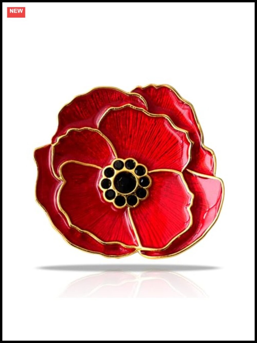 Enamel Poppy Flower Brooch Pin with Black Rhinestone, Remembrance Veterans Day